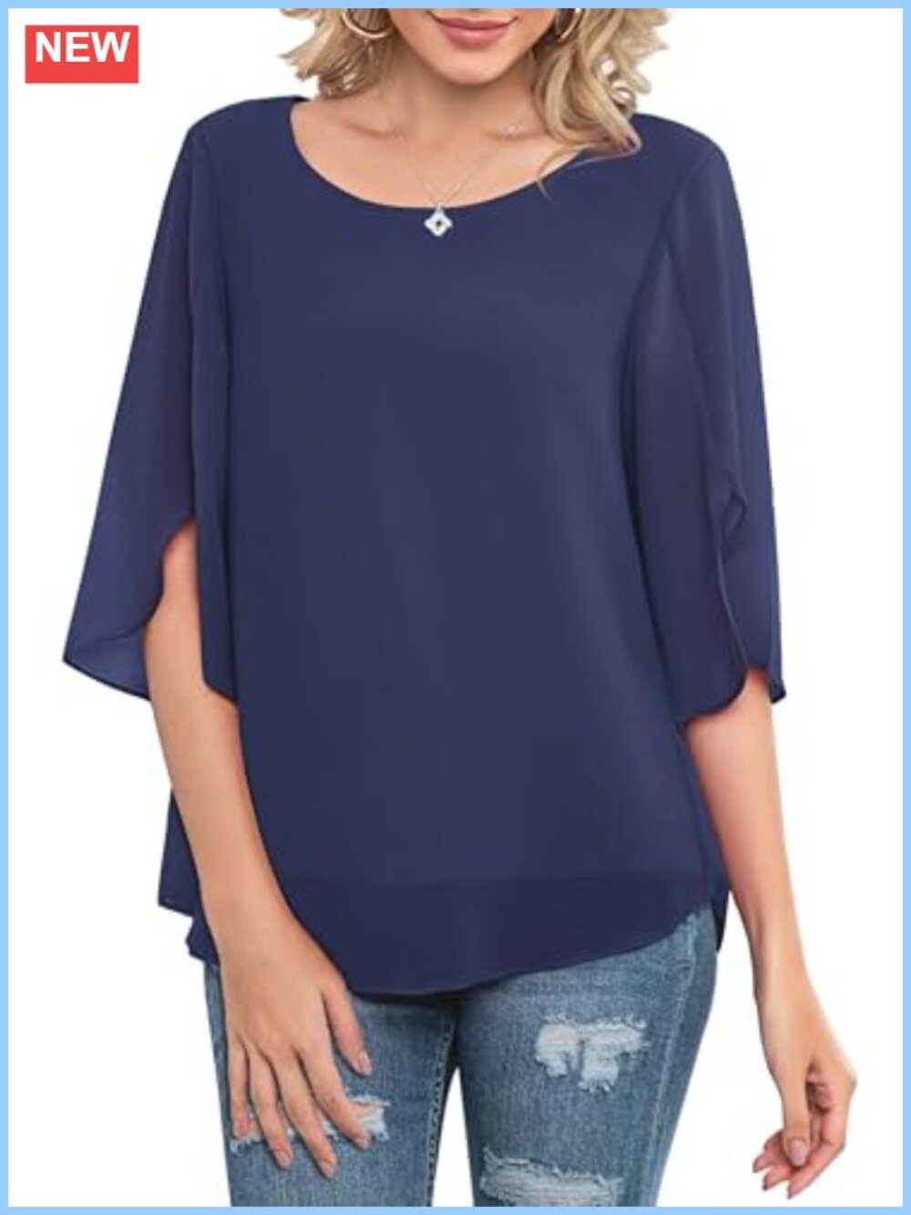 Women's Chiffon Blouse 3/4 Ruffle Sleeve Double-Layer Top